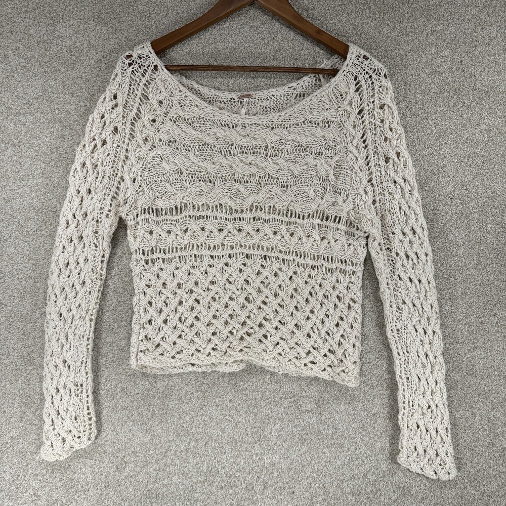 FREE PEOPLE Cream Netted Sweater S Knit Pull Over Boho Granola Summer‎ *stain*